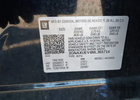 2021 Chevrolet Equinox Awd Lt из США, поврежденный, VIN 3GNAXUEV4ML365714